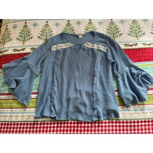 Christopher & Banks Blue Boho Lace Trim Bell Sleeve Top Size Large
